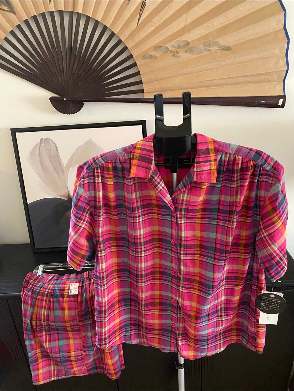 Chaus Sport Vintage 90’s 100% Cotton Aloha Madras Pink Plaid Shorts Set